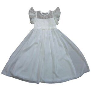 Girls White Lace & Tulle Dress Flutter Sleeves Bow Size 6–7 Elegant Party.